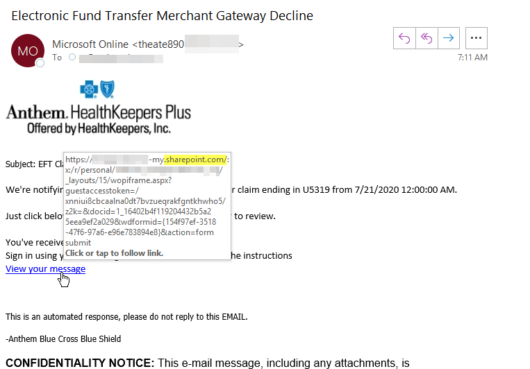 The phishing email with a redacted view of the embedded link’s destination shown. (Source: Zix | AppRiver)