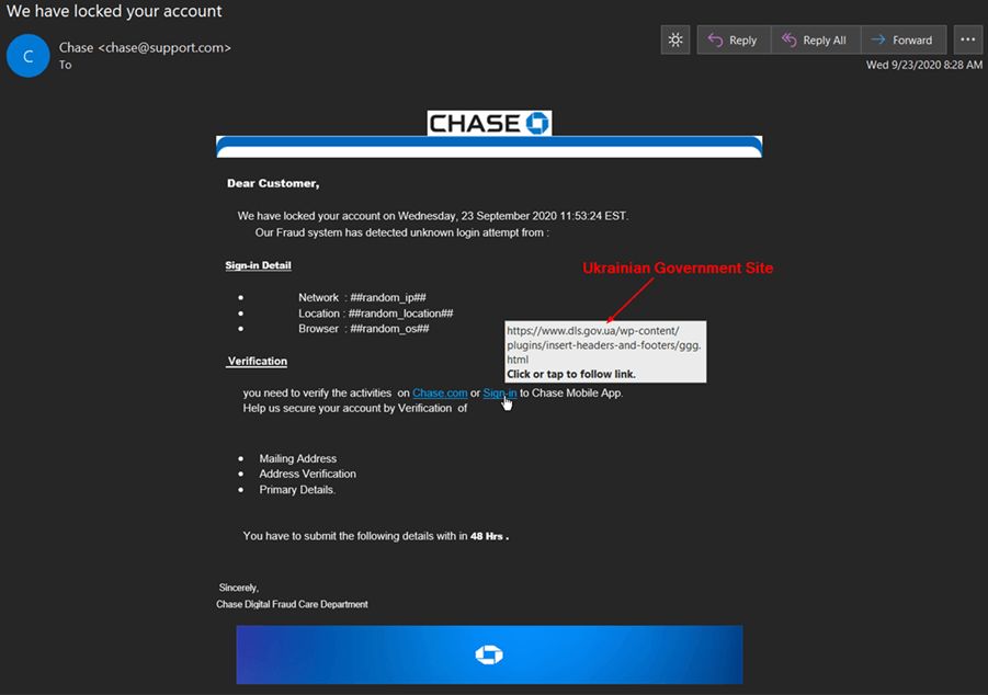 A screenshot of the Chase Bank phishing email. (Source: Zix | AppRiver)
