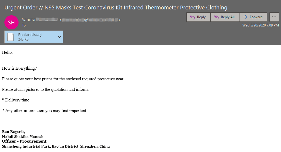 A screenshot of a PPE scam email that arrived with a fake product list as an attachment. (Source: Zix | AppRiver)