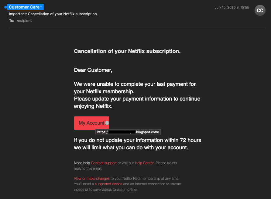 Screenshot of Netflix phishing email detected by Zix | AppRiver