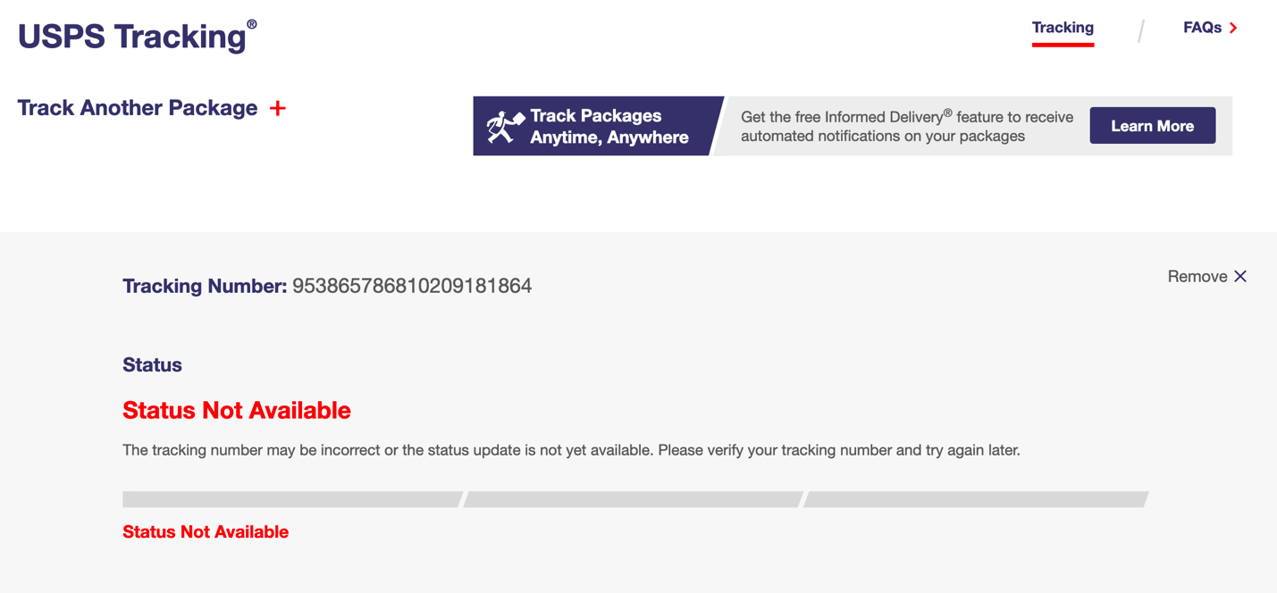 A screenshot taken on 12/18/20 of the USPS tracking information for 953865786810209181864.