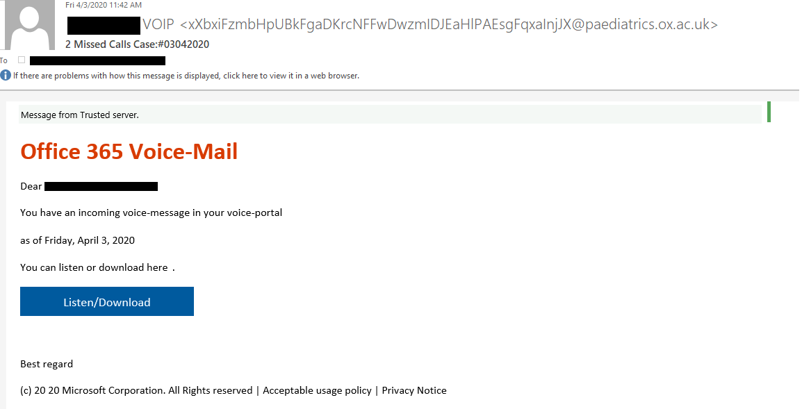 Sample Office 365 Voice-Mail phishing email. (Source: Check Point Research)