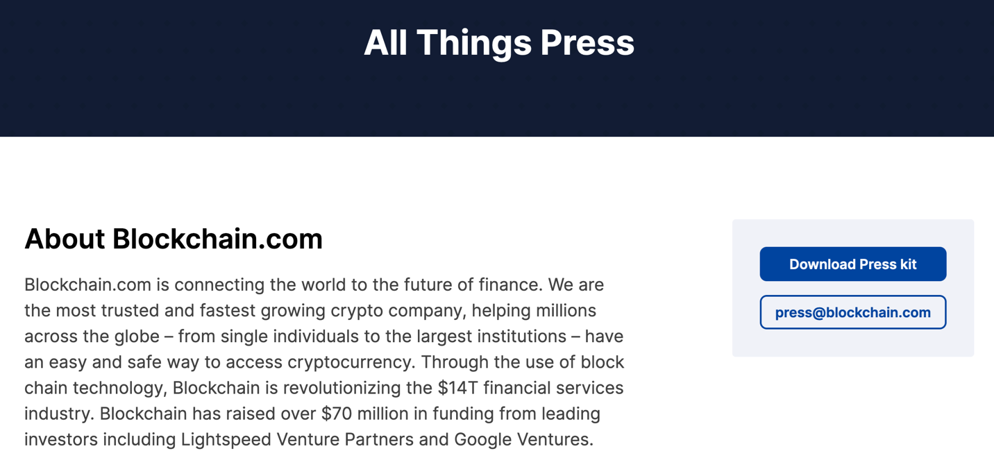 Screenshot of Blockchain.com’s press page. (Source: Zix | AppRiver)