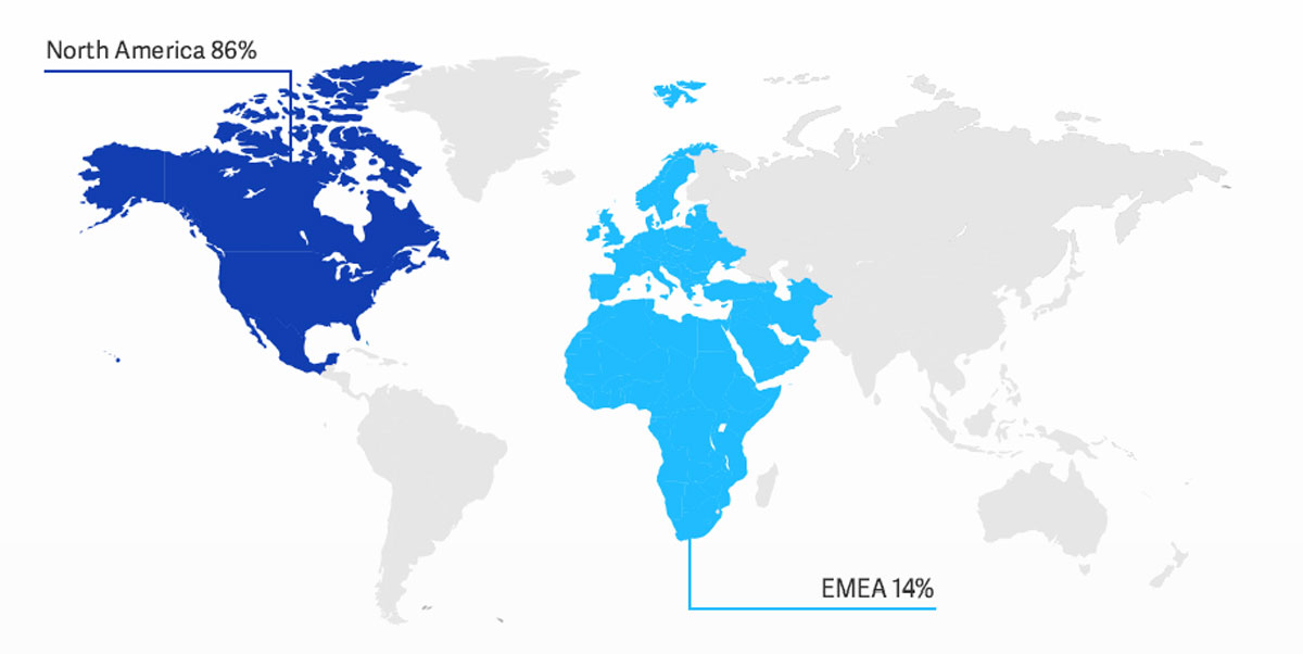 Map of the world with US and EMEA highlighted