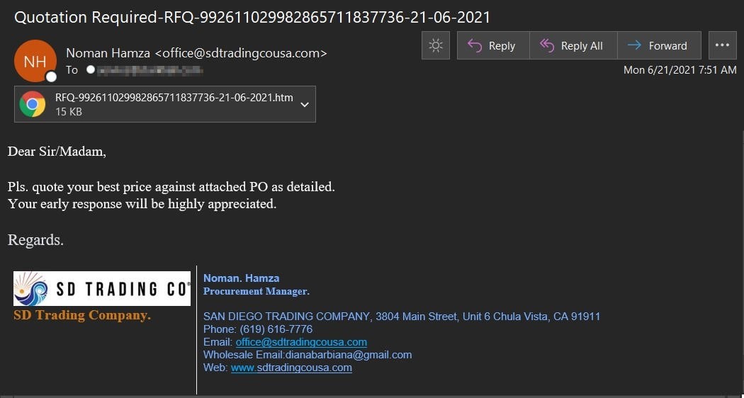 Screenshot of the fake RFQ email. (Source: Zix | AppRiver)