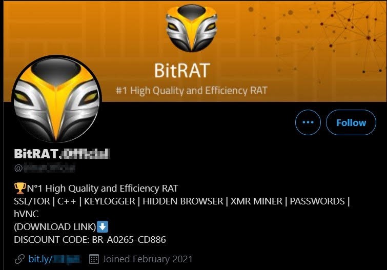A screenshot of BitRAT’s official Twitter profile. (Source: Zix | AppRiver)
