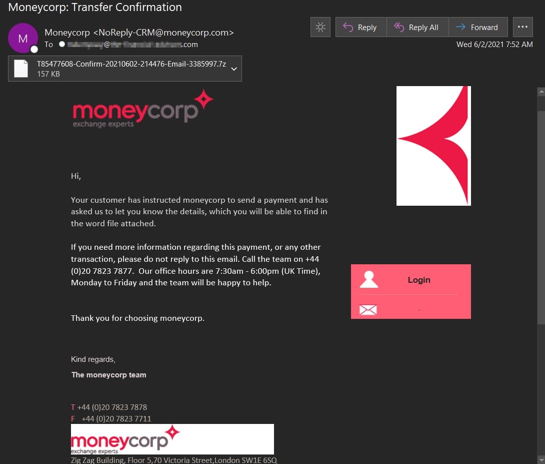 Screenshot of the fake Money Corp transfer confirmation email. (Source: Zix | AppRiver)
