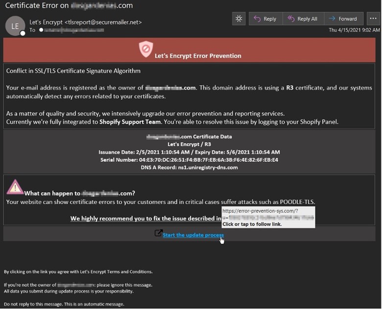 Screenshot of the fake Let’s Encrypt Error Message. (Source: Zix | AppRiver)
