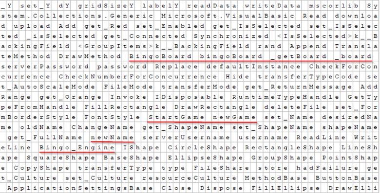 A screenshot of the executable file with the bingo-related functions underlined. (Source: Zix | AppRiver) 