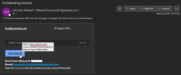 Screenshot of the fake invoice email notification. (Source: Zix | AppRiver)