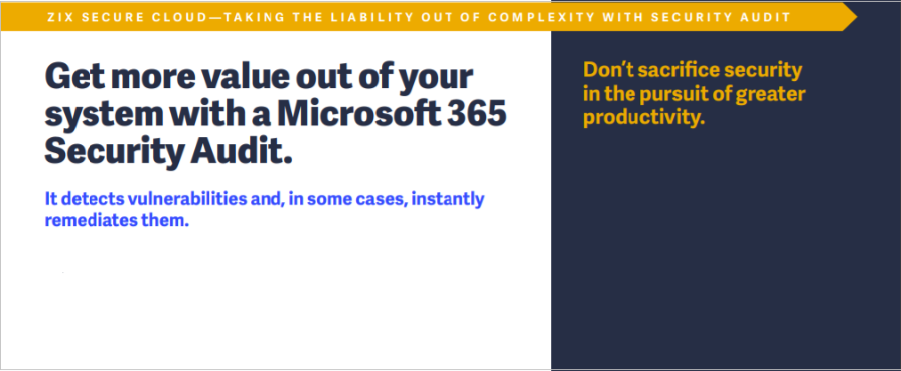 text that reads get more value out of your system with a Microsoft 365 Security Audit. It detects vulnerabilities and, in some cases, instantly remediates.