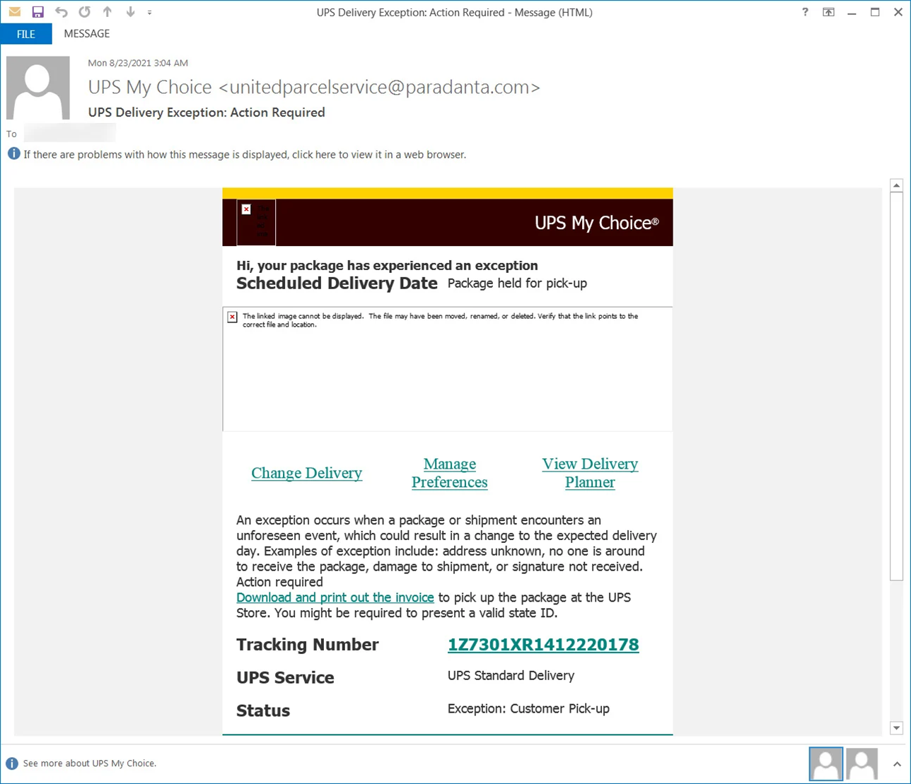 Screenshot of the fake email from UPS. (Source: Bleeping Computer)