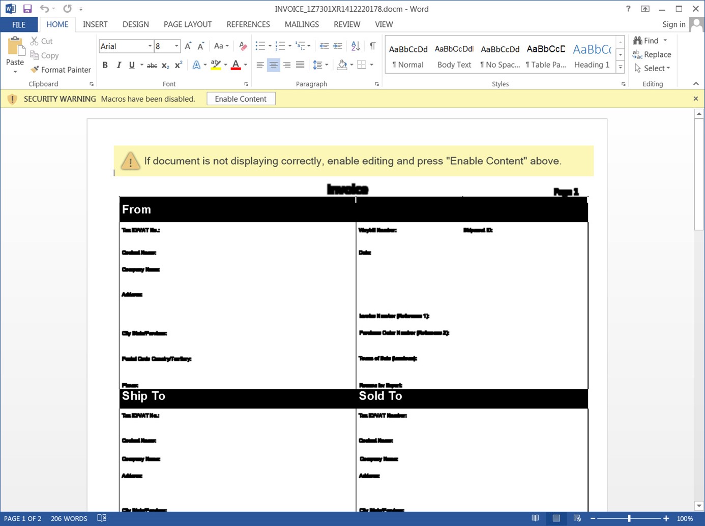 Malicious invoice document. (Source: Bleeping Computer)