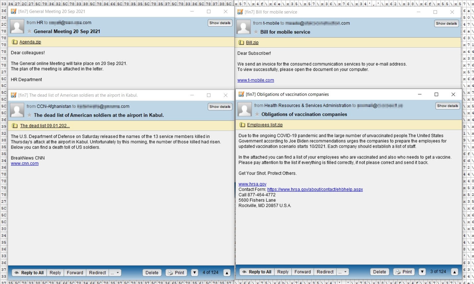 Screenshot of FIN7’s four attack emails. (Source: Zix | AppRiver)