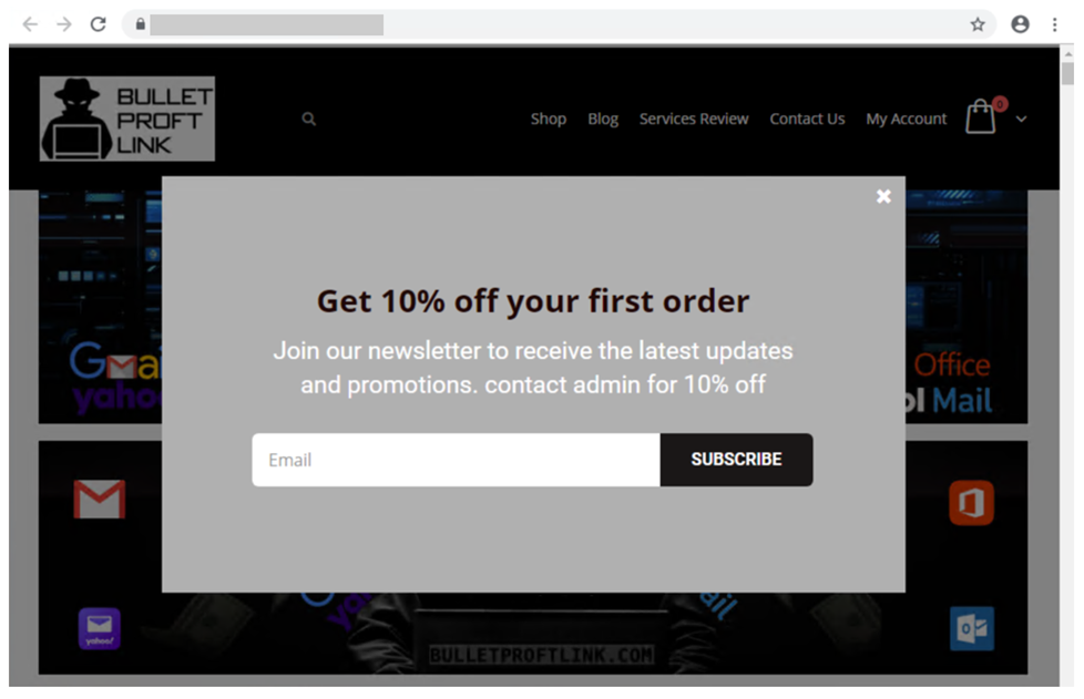 Screenshot of the BulletProofLink’s 10% welcome discount. (Source: Microsoft)