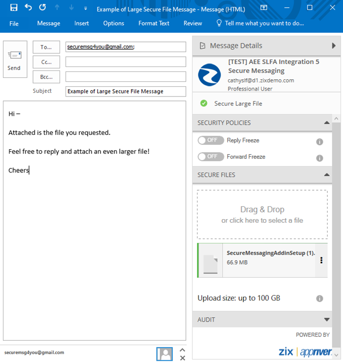 Example of Zix Large File Outlook Plugin usage