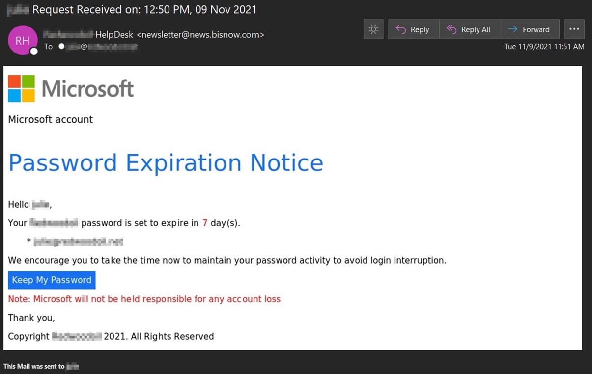Screenshot of the fake Microsoft password expiration notice. (Source: Zix | AppRiver)