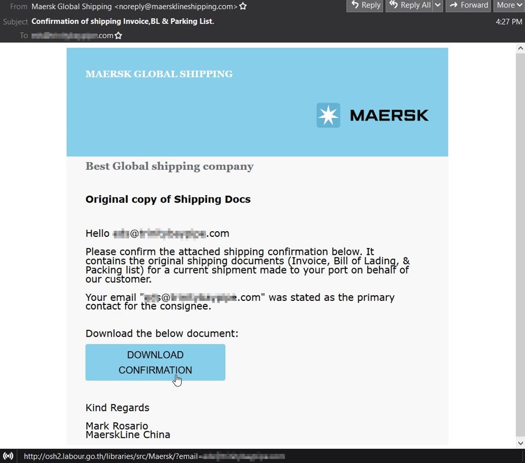 Screenshot of the fake Maersk Line email. (Source: Zix | AppRiver)