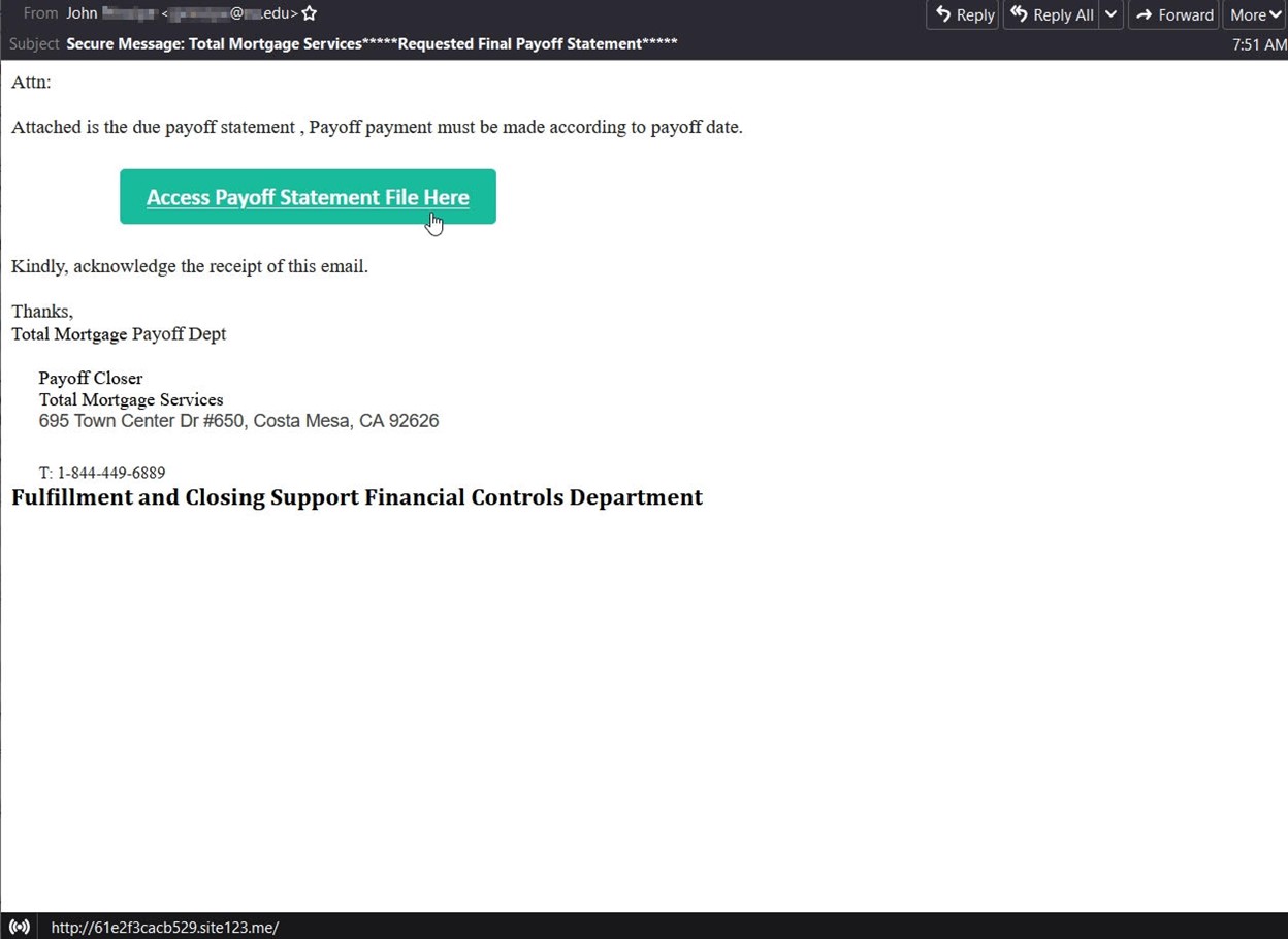 Screenshot of the mortgage-themed attack email. (Source: Zix | AppRiver)