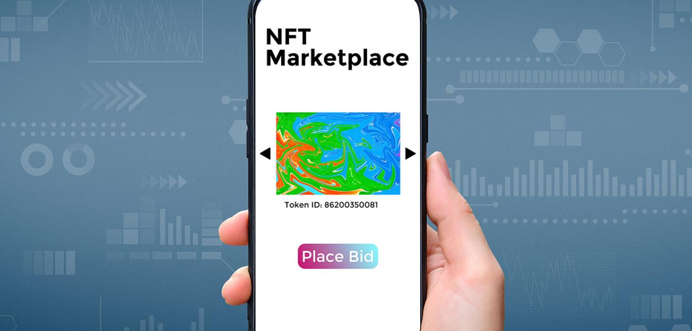 Phone with NFT marketplace screen showing