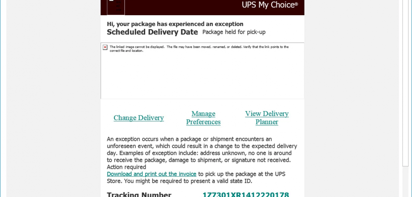 Screenshot of the fake email from UPS. (Source: Bleeping Computer)