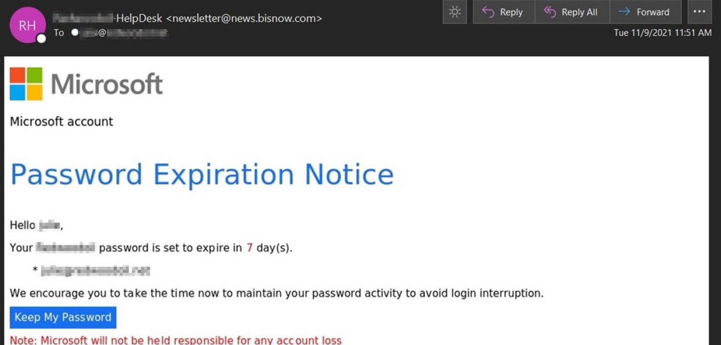 Screenshot of the fake Microsoft password expiration notice. (Source: Zix | AppRiver)